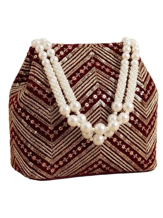 Bag in Women's Ethnic Potli Bag Embroidered Drawstring Purse with Pearl Bead Handle for Festive Occasions