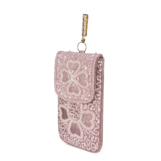 Bag in Handmade Beaded Floral Design Pouch for Women, Boho Chic Mobile Purse (Flower Pink)