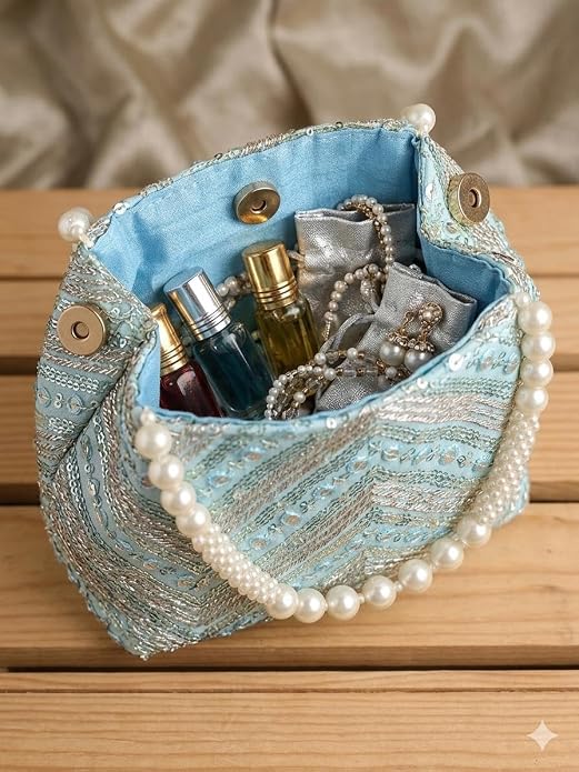 Bag in Women's Ethnic Potli Bag Embroidered Drawstring Purse with Pearl Bead Handle for Festive Occasions