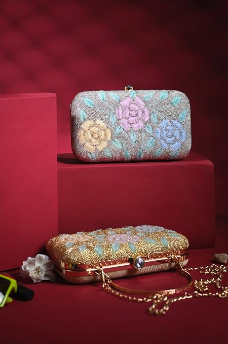 Bag in Women's Elegant Floral Beaded Clutch Bags with Chain Strap Stylish and Sophisticated Evening Handbags