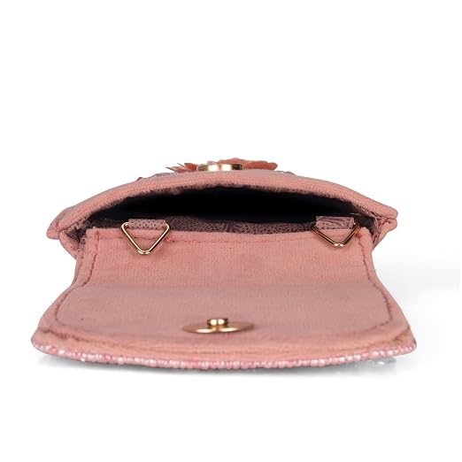 Bag in Handmade Beaded Floral Design Pouch for Women, Boho Chic Mobile Purse (Pink)