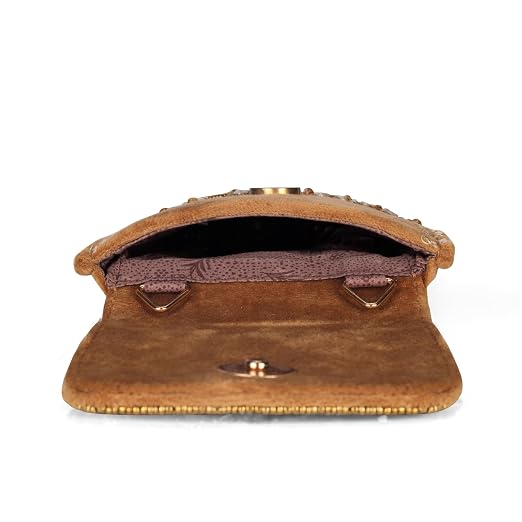 Bag in Handmade Beaded Floral Design Pouch for Women, Boho Chic Mobile Purse (Flower Dark Brown)