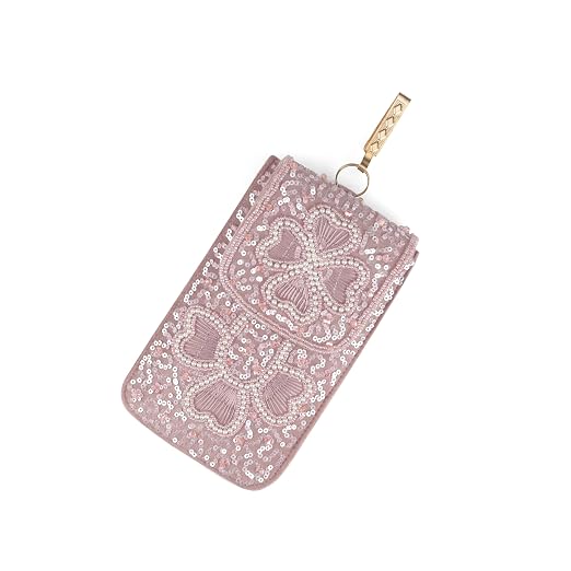 Bag in Handmade Beaded Floral Design Pouch for Women, Boho Chic Mobile Purse (Flower Pink)
