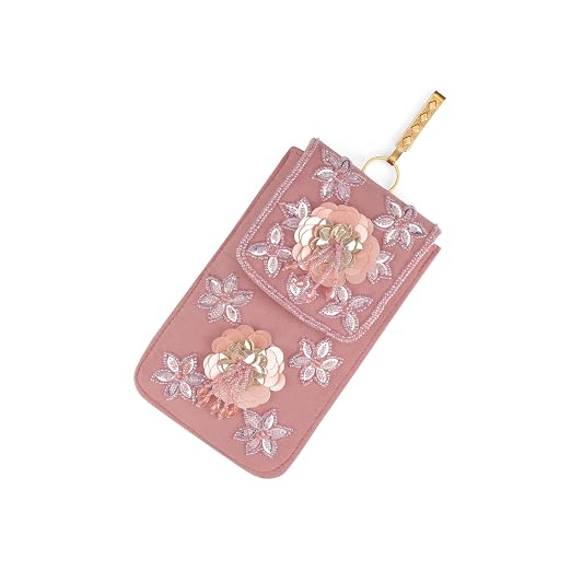 Bag in Handmade Beaded Floral Design Pouch for Women, Boho Chic Mobile Purse (Pink)