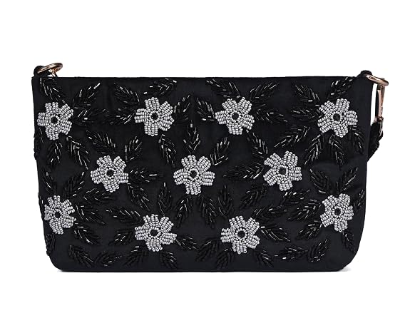 J I ACCESSORIES Velvet Hand-Embroidered Floral Clutch
