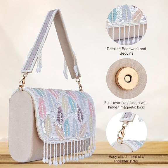 J I Women’s Embellished Sequin & Pearl Beaded Shoulder Bag with Tassels