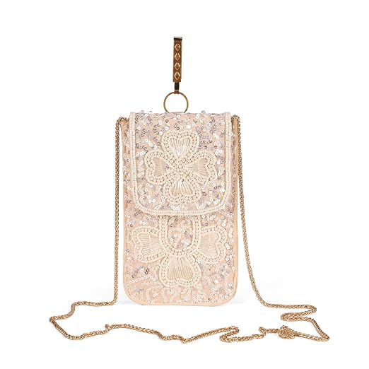 Bag in Handmade Beaded Floral Design Pouch for Women, Boho Chic Mobile Purse (Flower White)