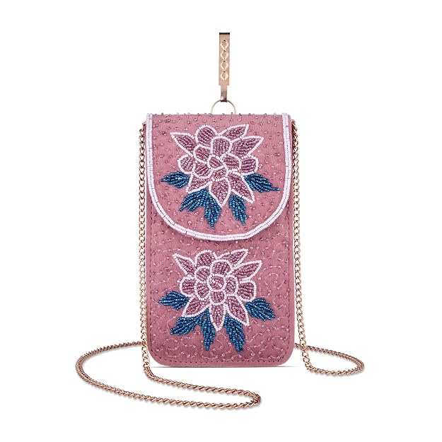 Bag in Floral Beaded Mobile Clutch for Women – Handmade Crossbody Phone Purse with Chain Strap