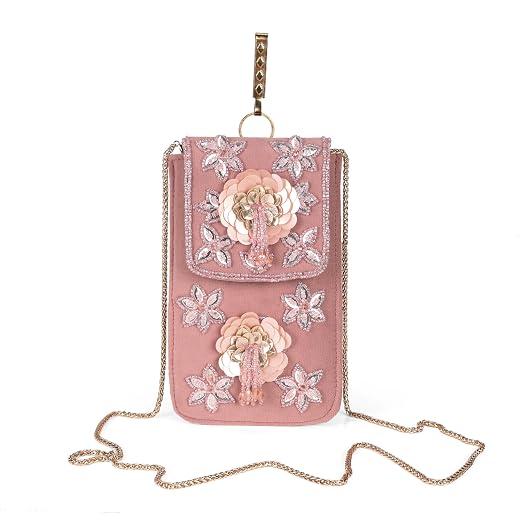 Bag in Handmade Beaded Floral Design Pouch for Women, Boho Chic Mobile Purse (Pink)