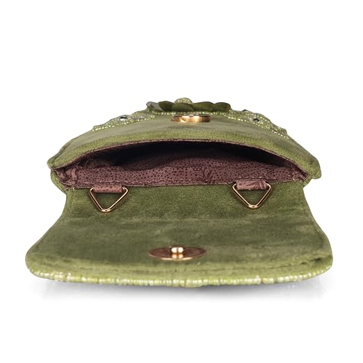 Bag in Handmade Beaded Floral Design Pouch for Women, Boho Chic Mobile Purse (Parrot Green)