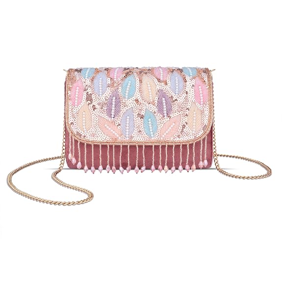 J I Women’s Embellished Sequin & Pearl Beaded Shoulder Bag with Tassels