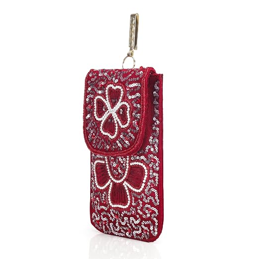 BAG IN Handmade Beaded Floral Design Pouch for Women, Boho Chic Mobile Purse" (Flower Maroon)
