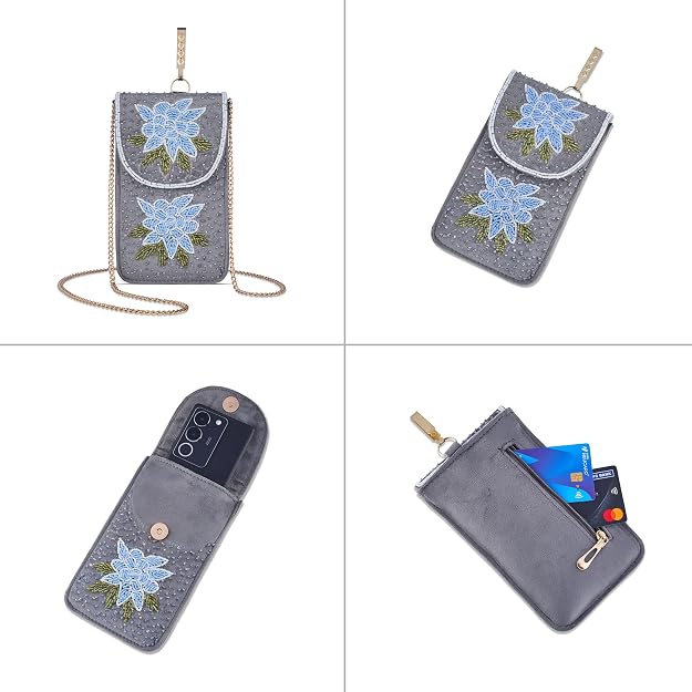Bag in Floral Beaded Mobile Clutch for Women – Handmade Crossbody Phone Purse with Chain Strap