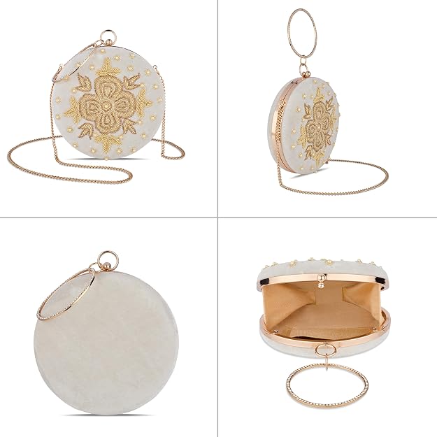 Bag in Festive Velvet Embroidered Clutch Bag with Chain & Ring Handle
