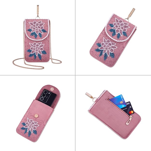 Bag in Floral Beaded Mobile Clutch for Women – Handmade Crossbody Phone Purse with Chain Strap