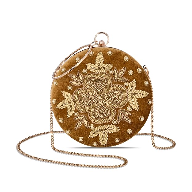 Bag in Festive Velvet Embroidered Clutch Bag with Chain & Ring Handle