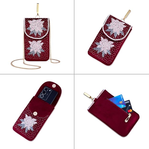 Bag in Floral Beaded Mobile Clutch for Women – Handmade Crossbody Phone Purse with Chain Strap