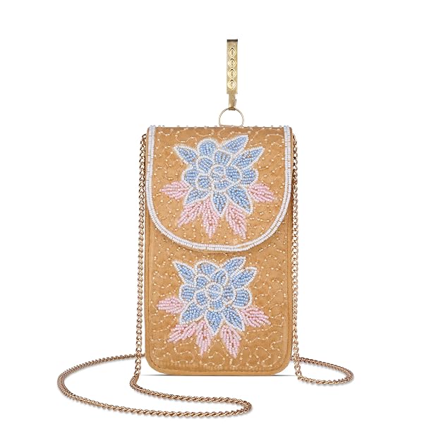 Bag in Floral Beaded Mobile Clutch for Women – Handmade Crossbody Phone Purse with Chain Strap