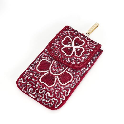 BAG IN Handmade Beaded Floral Design Pouch for Women, Boho Chic Mobile Purse" (Flower Maroon)