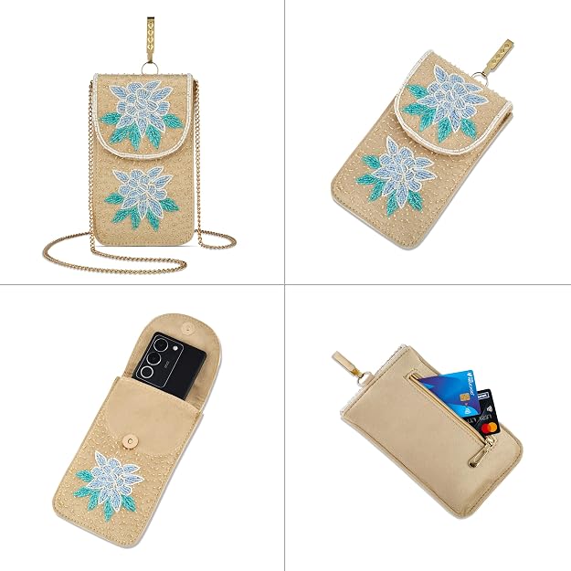 Bag in Floral Beaded Mobile Clutch for Women – Handmade Crossbody Phone Purse with Chain Strap