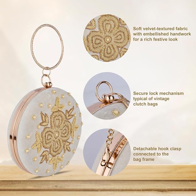 Bag in Festive Velvet Embroidered Clutch Bag with Chain & Ring Handle