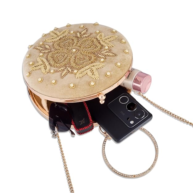 Bag in Festive Velvet Embroidered Clutch Bag with Chain & Ring Handle