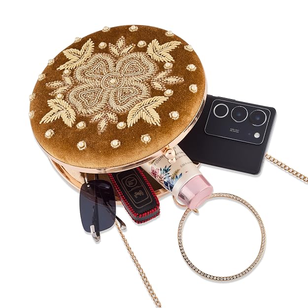 Bag in Festive Velvet Embroidered Clutch Bag with Chain & Ring Handle