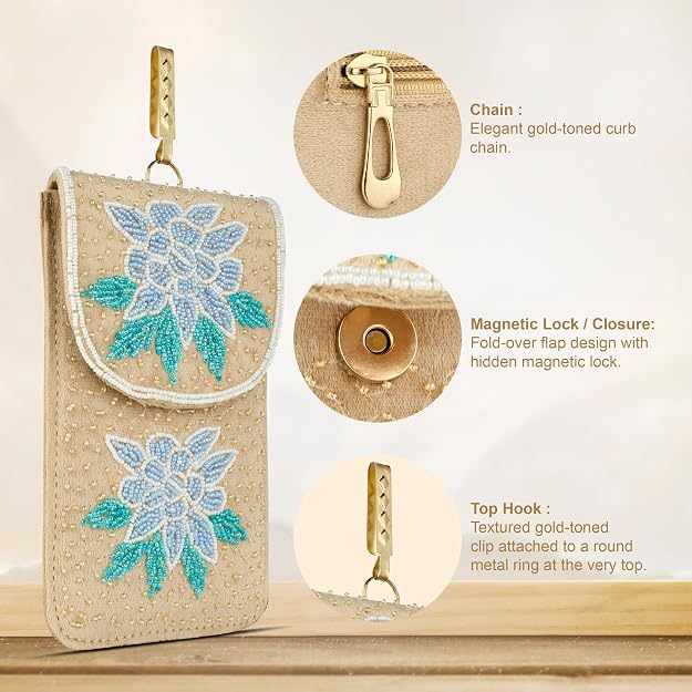 Bag in Floral Beaded Mobile Clutch for Women – Handmade Crossbody Phone Purse with Chain Strap