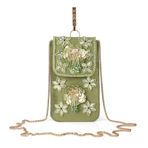 Bag in Handmade Beaded Floral Design Pouch for Women, Boho Chic Mobile Purse (Parrot Green)