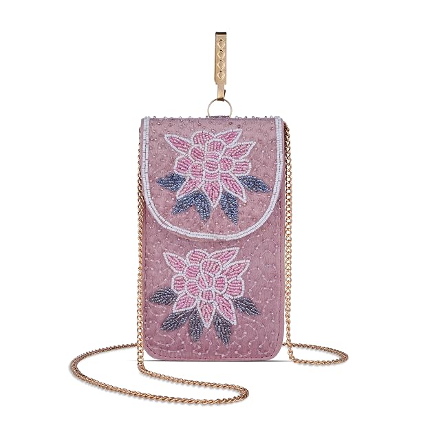 Bag in Floral Beaded Mobile Clutch for Women – Handmade Crossbody Phone Purse with Chain Strap