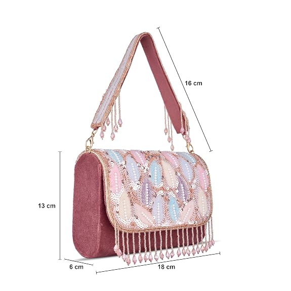 J I Women’s Embellished Sequin & Pearl Beaded Shoulder Bag with Tassels