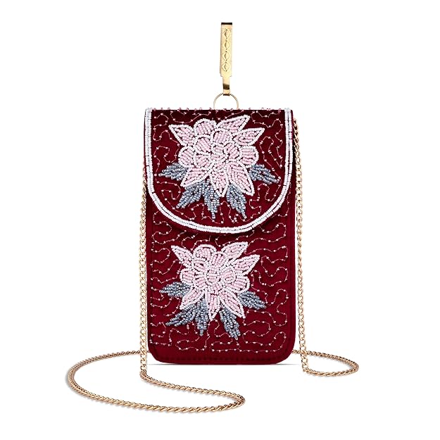 Bag in Floral Beaded Mobile Clutch for Women – Handmade Crossbody Phone Purse with Chain Strap
