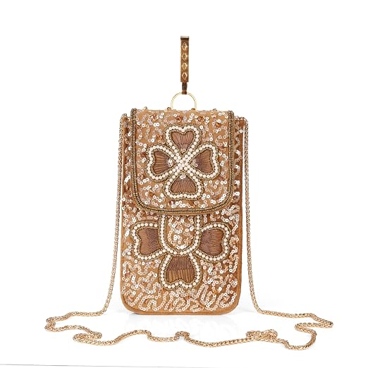 Bag in Handmade Beaded Floral Design Pouch for Women, Boho Chic Mobile Purse (Flower Dark Brown)