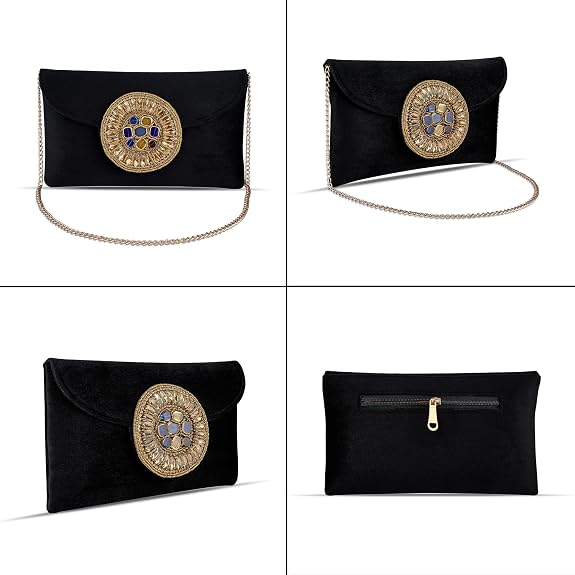 J I ACCESSORIES Golden Medallion Velvet Clutch Purse