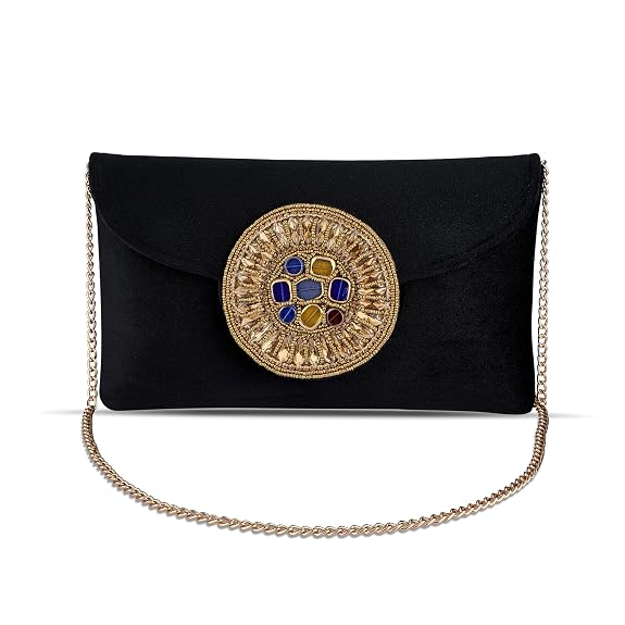 J I ACCESSORIES Golden Medallion Velvet Clutch Purse