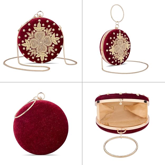 Bag in Festive Velvet Embroidered Clutch Bag with Chain & Ring Handle
