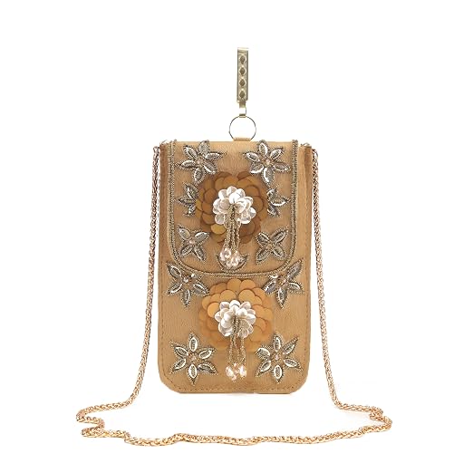 BAG IN Handmade Beaded Floral Design Pouch for Women, Boho Chic Mobile Purse" (Dark Brown)