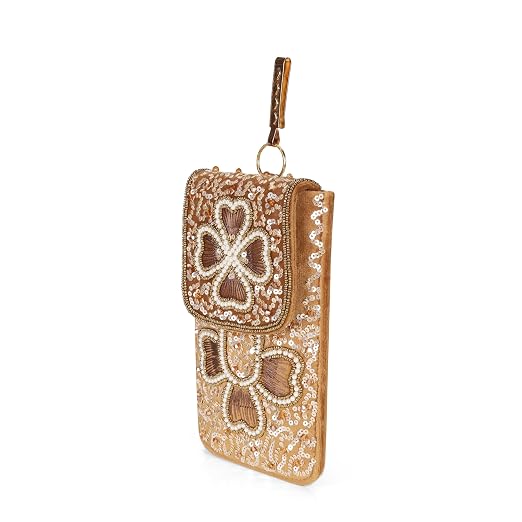 Bag in Handmade Beaded Floral Design Pouch for Women, Boho Chic Mobile Purse (Flower Dark Brown)