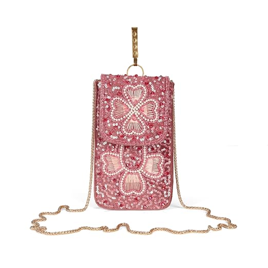 Bag in Handmade Beaded Floral Design Pouch for Women, Boho Chic Mobile Purse (Flower Peach)