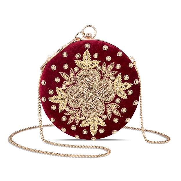 Bag in Festive Velvet Embroidered Clutch Bag with Chain & Ring Handle