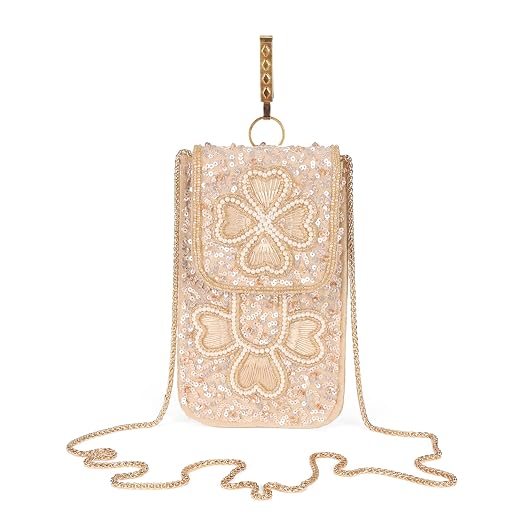 Bag in Handmade Beaded Floral Design Pouch for Women, Boho Chic Mobile Purse (Flower Light Brown)