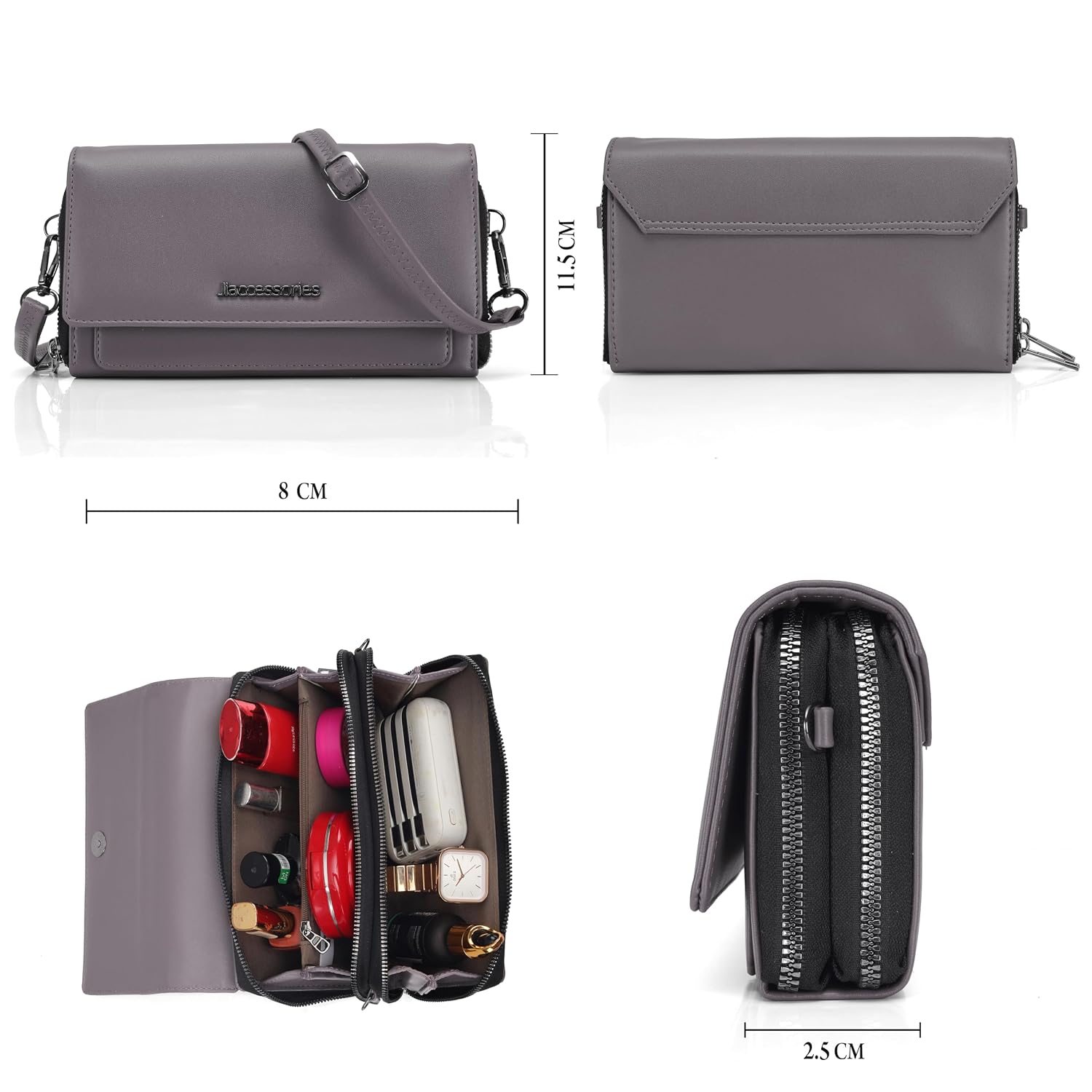 J I Elegant Premium Women’s Clutch Wallet Luxury Look with Zip Closure (Grey)