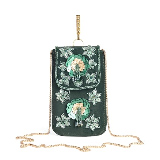 Bag in Handmade Beaded Floral Design Pouch for Women, Boho Chic Mobile Purse (Green)