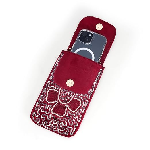 BAG IN Handmade Beaded Floral Design Pouch for Women, Boho Chic Mobile Purse" (Flower Maroon)