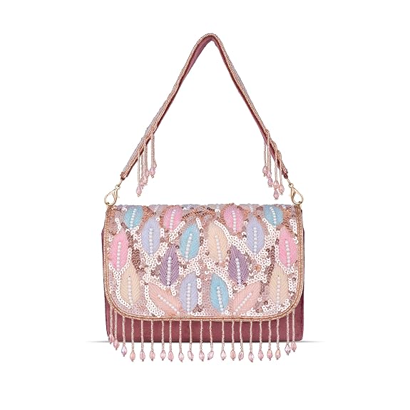 J I Women’s Embellished Sequin & Pearl Beaded Shoulder Bag with Tassels