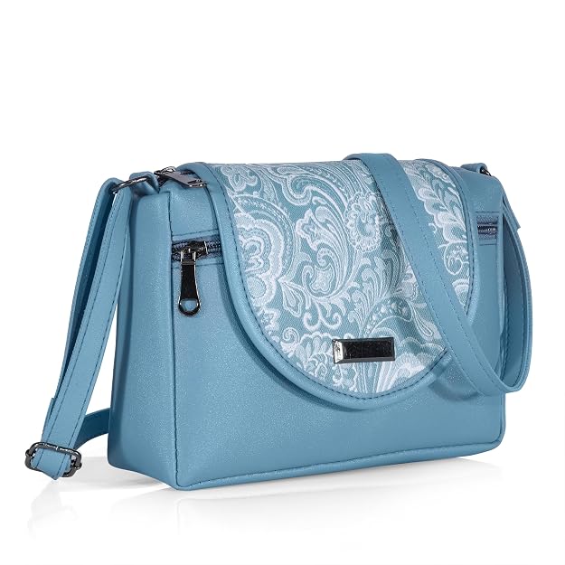 J I Elegant Leather Crossbody Handbag with Paisley Pattern Flap and Secure Zipper Pockets