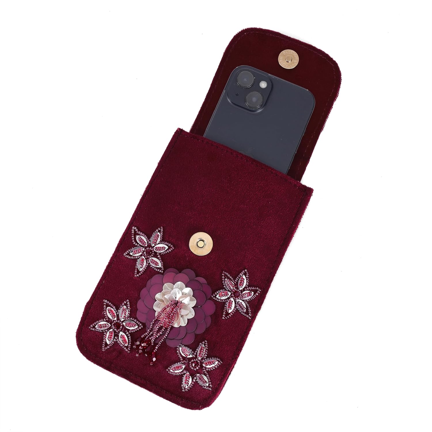 BAG IN Handmade Beaded Floral Design Pouch for Women, Boho Chic Mobile Purse" (Maroon)