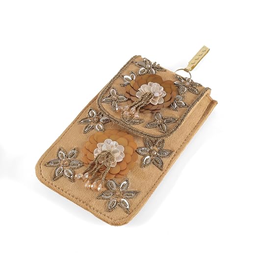 BAG IN Handmade Beaded Floral Design Pouch for Women, Boho Chic Mobile Purse" (Dark Brown)