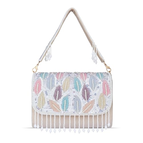 J I Women’s Embellished Sequin & Pearl Beaded Shoulder Bag with Tassels