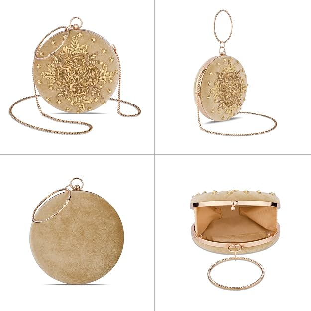 Bag in Festive Velvet Embroidered Clutch Bag with Chain & Ring Handle